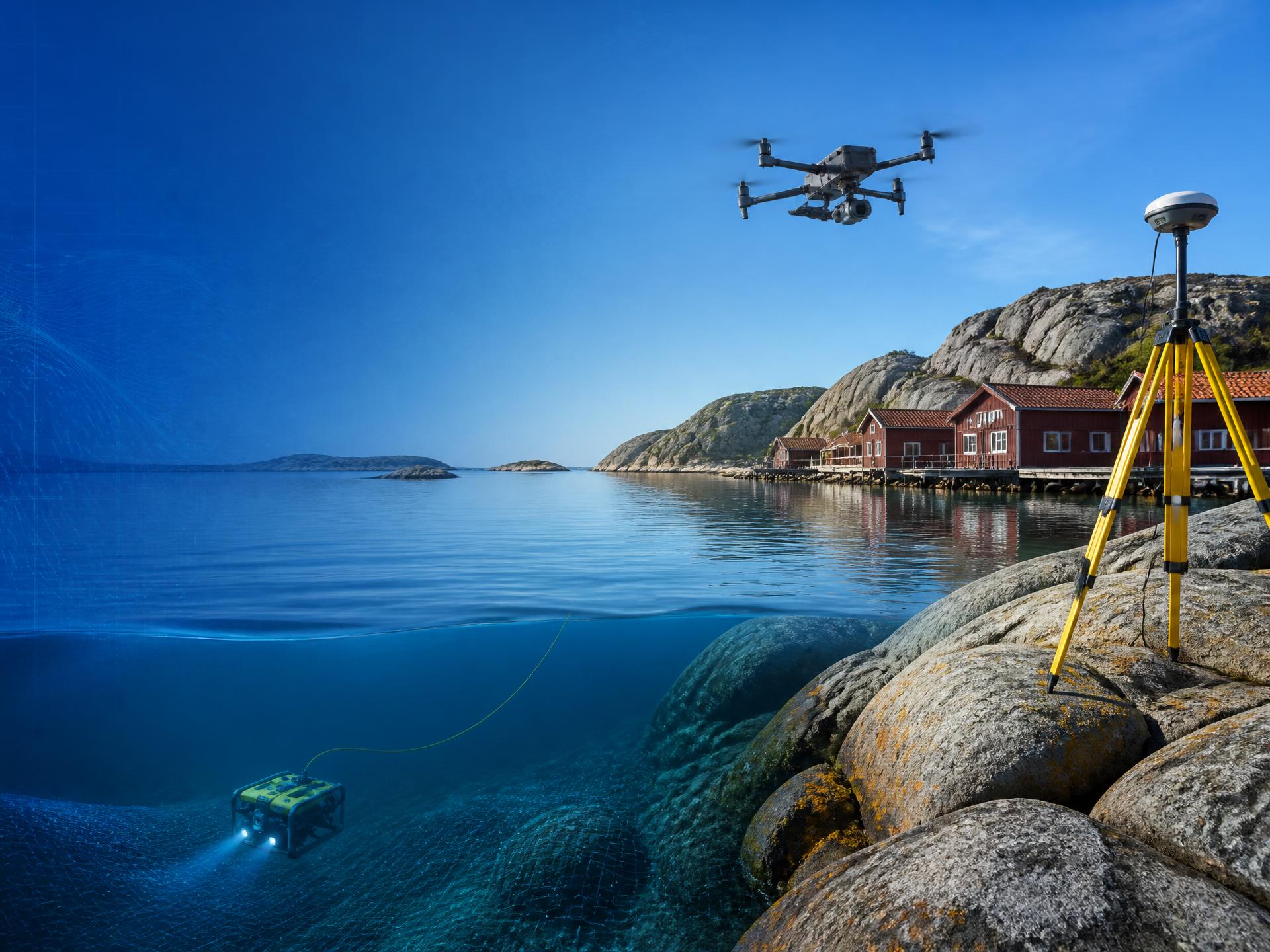 Bohuslän-kust med drönare i luften, ROV under ytan och GNSS-stativ på klipporna